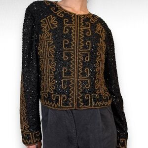 Vintage Silk Cardigan Blazer Jacket Top Black Gold Beaded Glam Party Sz Medium